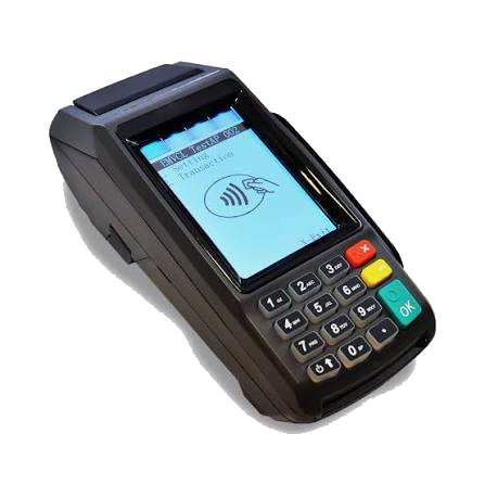Dejavoo Z-Series countertop credit card terminal with keypad and built-in printer.