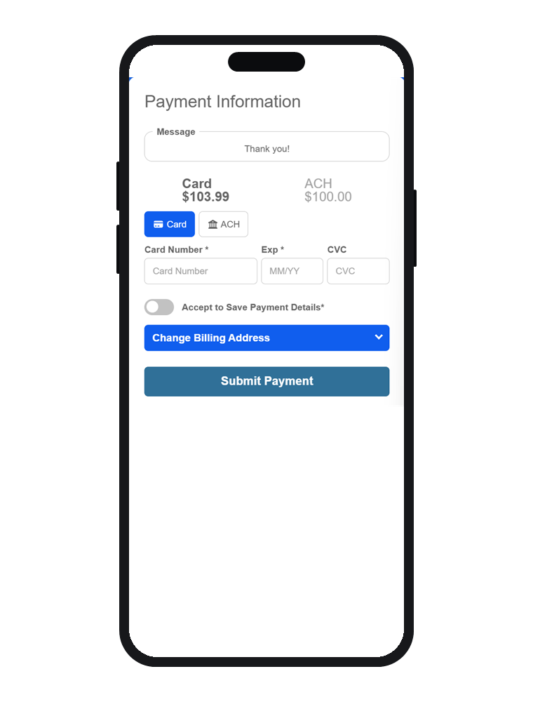 Checkout screen showing the card price alongside the lower ACH price.
