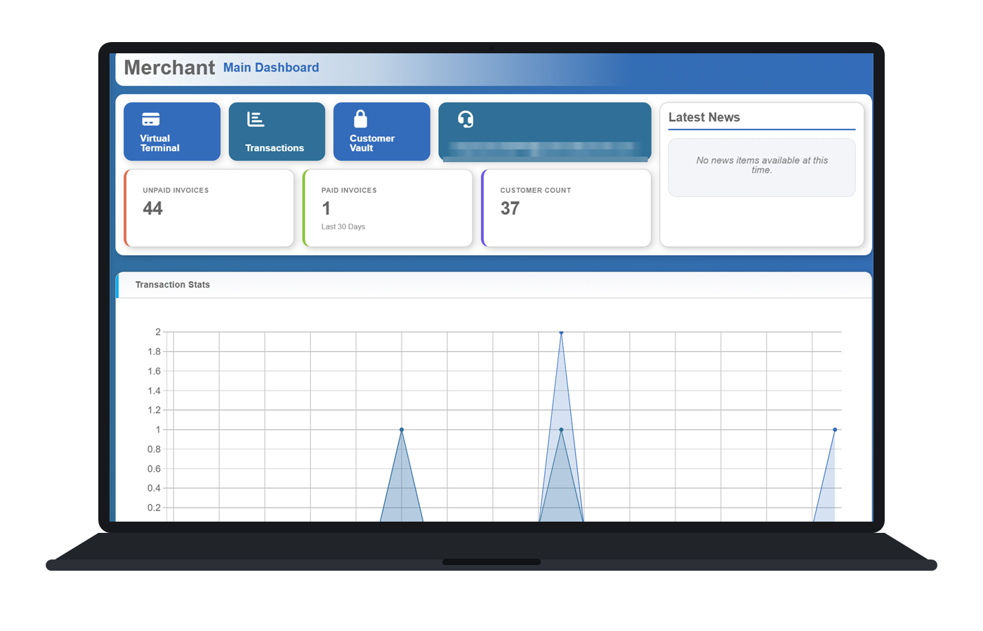 Virtual terminal dashboard for online payment processing, shown on a laptop.